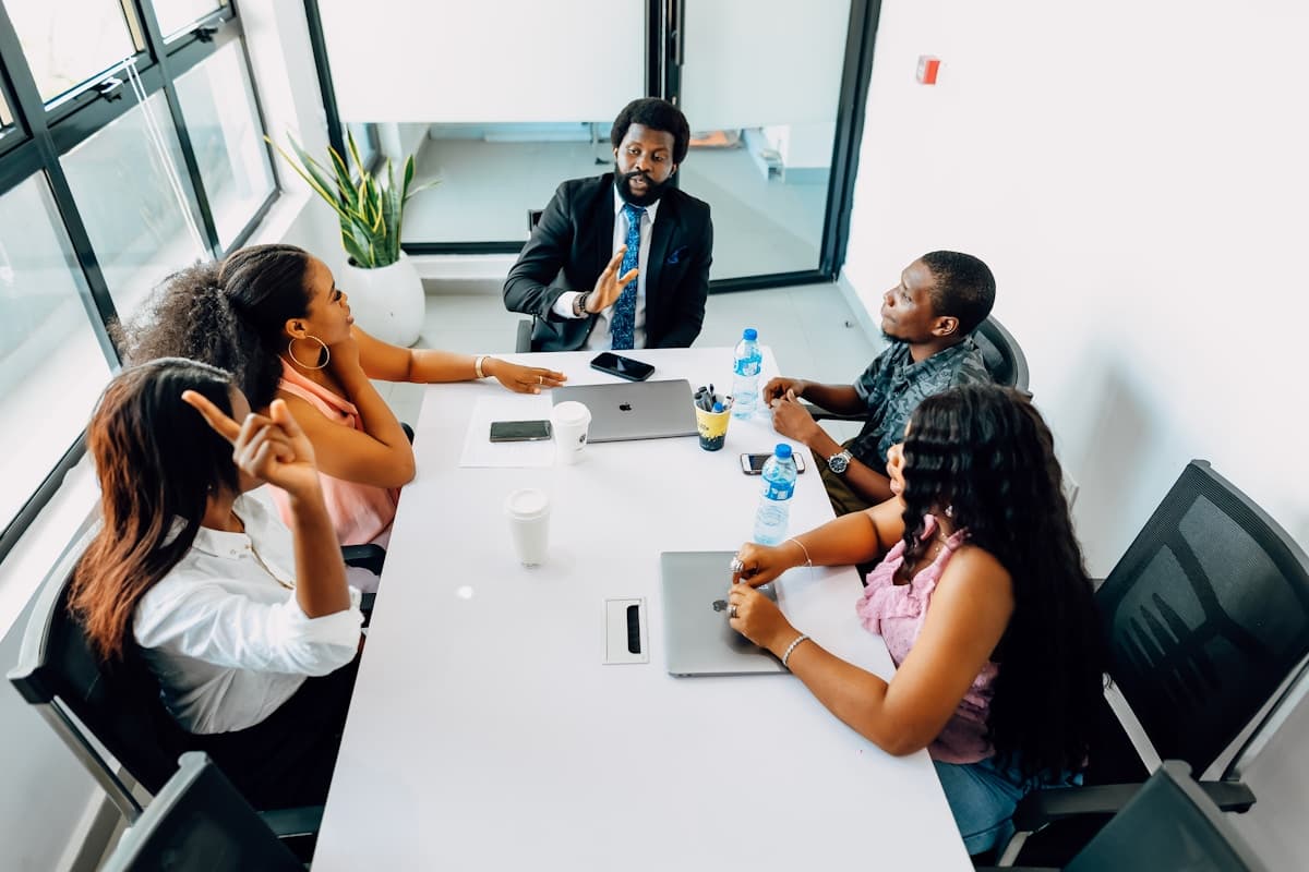 Diverse team collaborating in an open office space